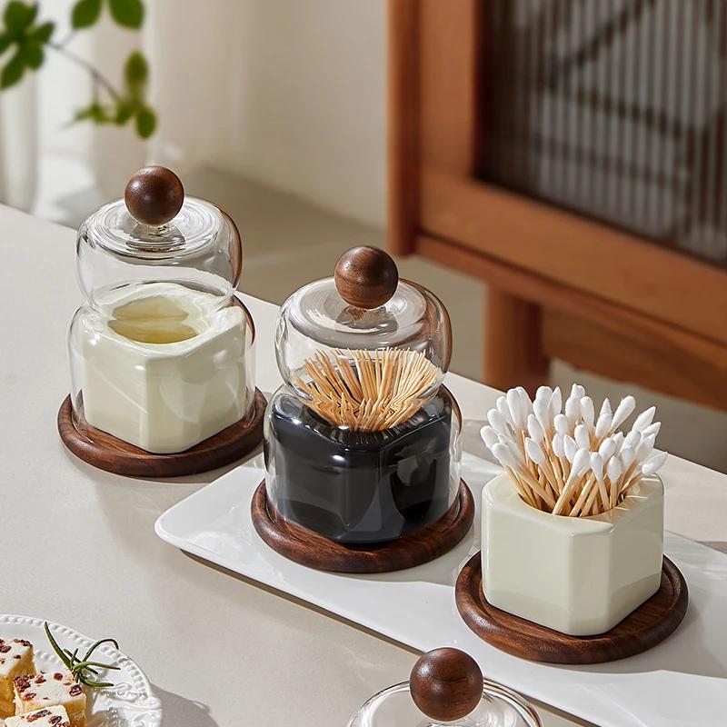 Solid Wood Ceramic Toothpick Box Home Creative Dental Floss Cotton Swab Storage Jar Glass Ceramic Toothpick Jar with Lid
