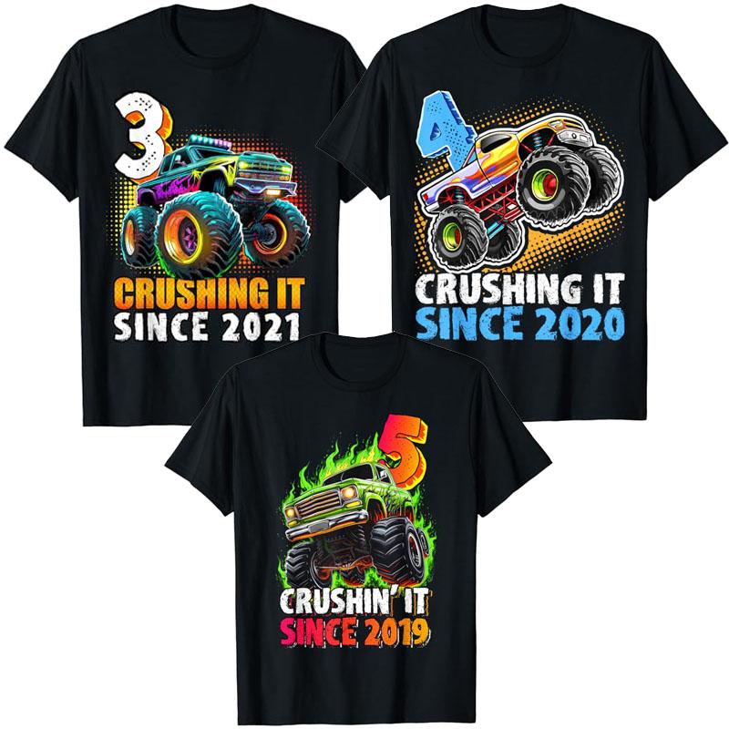 Monster Truck Fun Printed Casual and Comfortable Polyester Short Sleeved T-shirt Suitable for Summer Wear