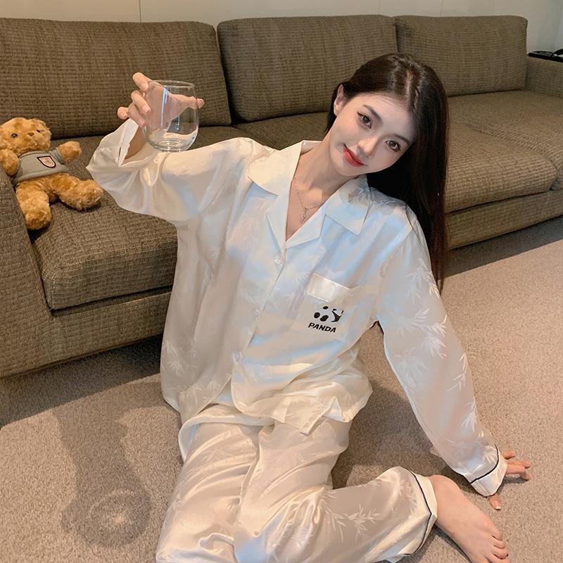 

Высококачественная модная пижама с пандой женская весенне-летняя с длинным рукавом, кардиган, домашняя одежда из искусственного шелка, комплект из двух предметов 2XL