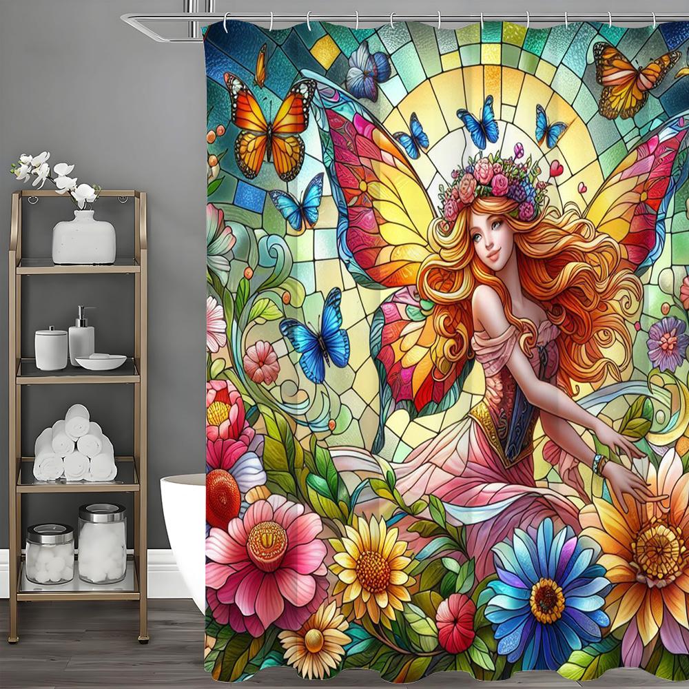 Elf Flower Butterfly Shower Curtain, Bathroom Decorative Shower Curtain, Waterproof Shower Curtain with Hooks
