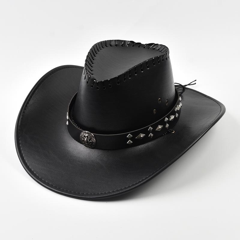 

Faux Leather Western Cowboy Hats For Women Men Vintage Big-edge Gentleman Cowgirl Jazz Hat Holidays Party Cosplay Hat One Size