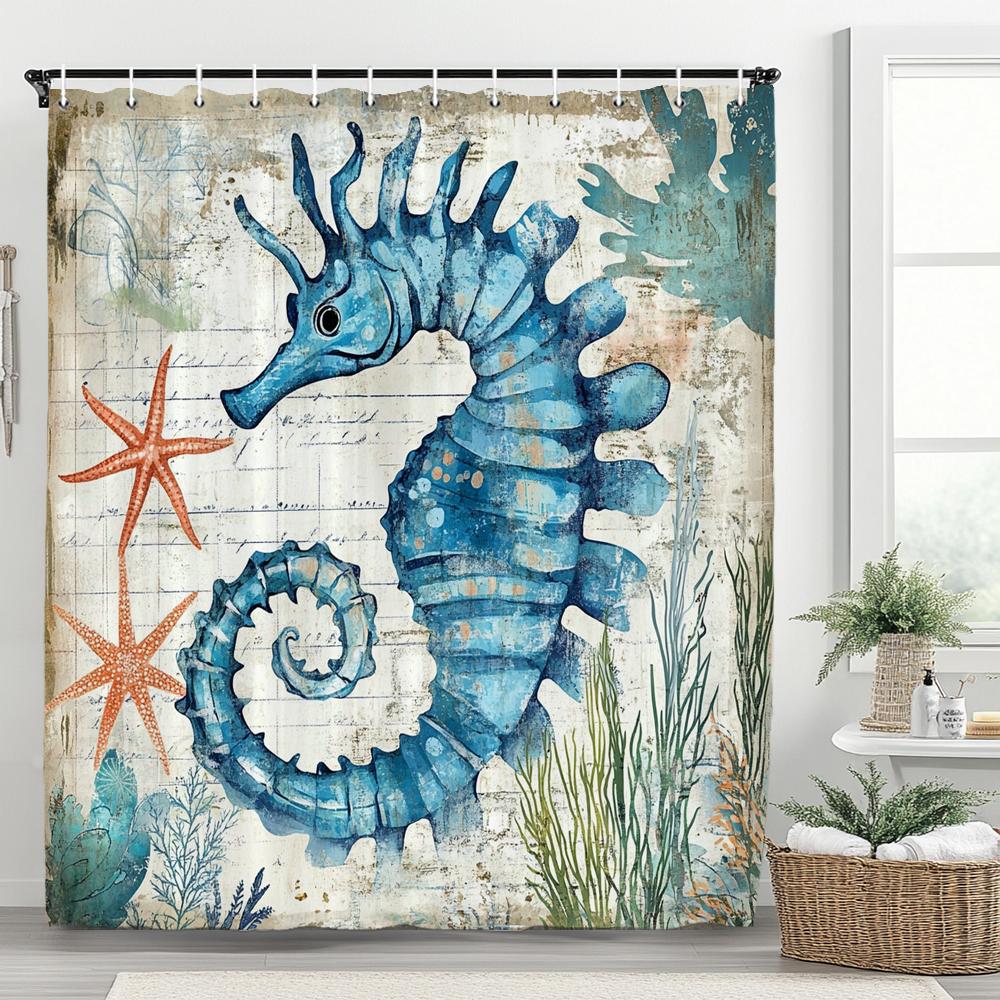 Cute Cartoon Ocean, Starfish, Shells Dolphin Printed Shower Curtain With Hooks, Bathroom Curtain, Bathroom Decor Window Curtain