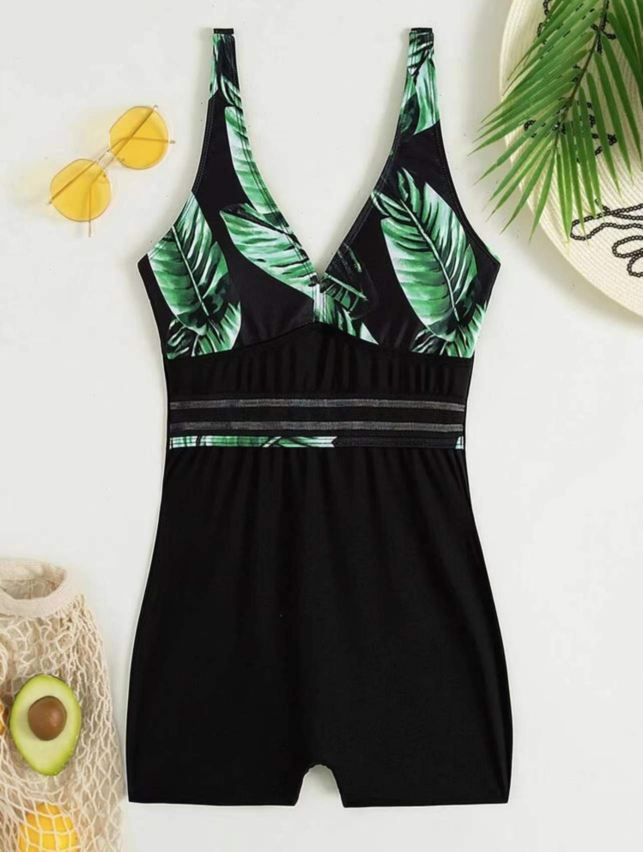 European and American leaf print color matching boxers one-piece swimsuit S чёрный