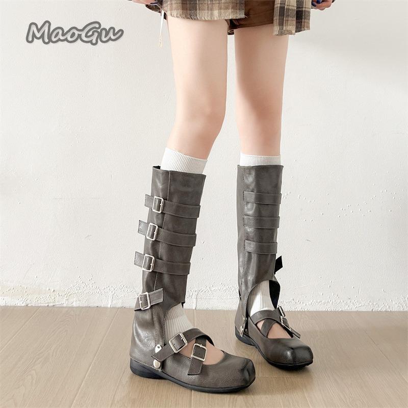 Modische Retro Atmungsaktive Lange Stiefel für Damen 2025 Neu Schnallenriemen Slip-On Stiefel PU-Leder Weiche Sohle Damenstiefel Quadratische Zehenkappe Trendig
