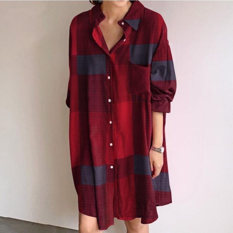 Rochie Cămașă cu Mâneci Lungi și Guler Turn-down pentru Femei, Modă de Vară, Rochie cu Imprimeu Carouri