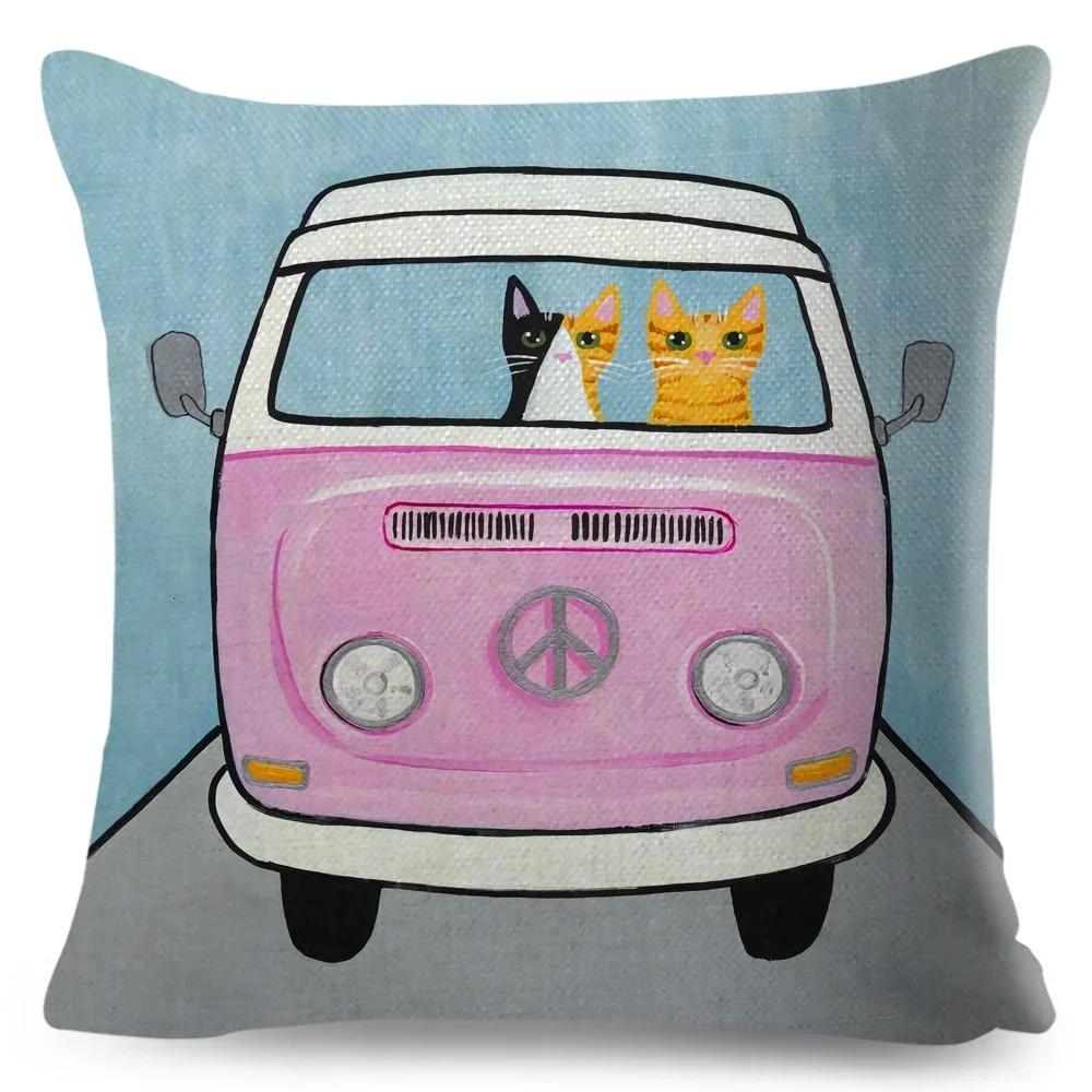 Cartoon Driving Car Cat Cushion Cover Decor Cute Pet Animal Pillowcase Polyester Pillow Case for Sofa Home Children Room