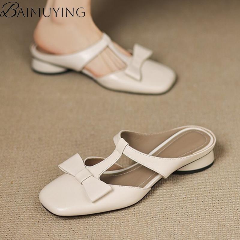 Fashion Bow Square Toe Slippers Mules Heeled Sandals Women Casual Loafers Shoes Woman 2025 Trend Summer Pumps Soft Leather Flip Flops
