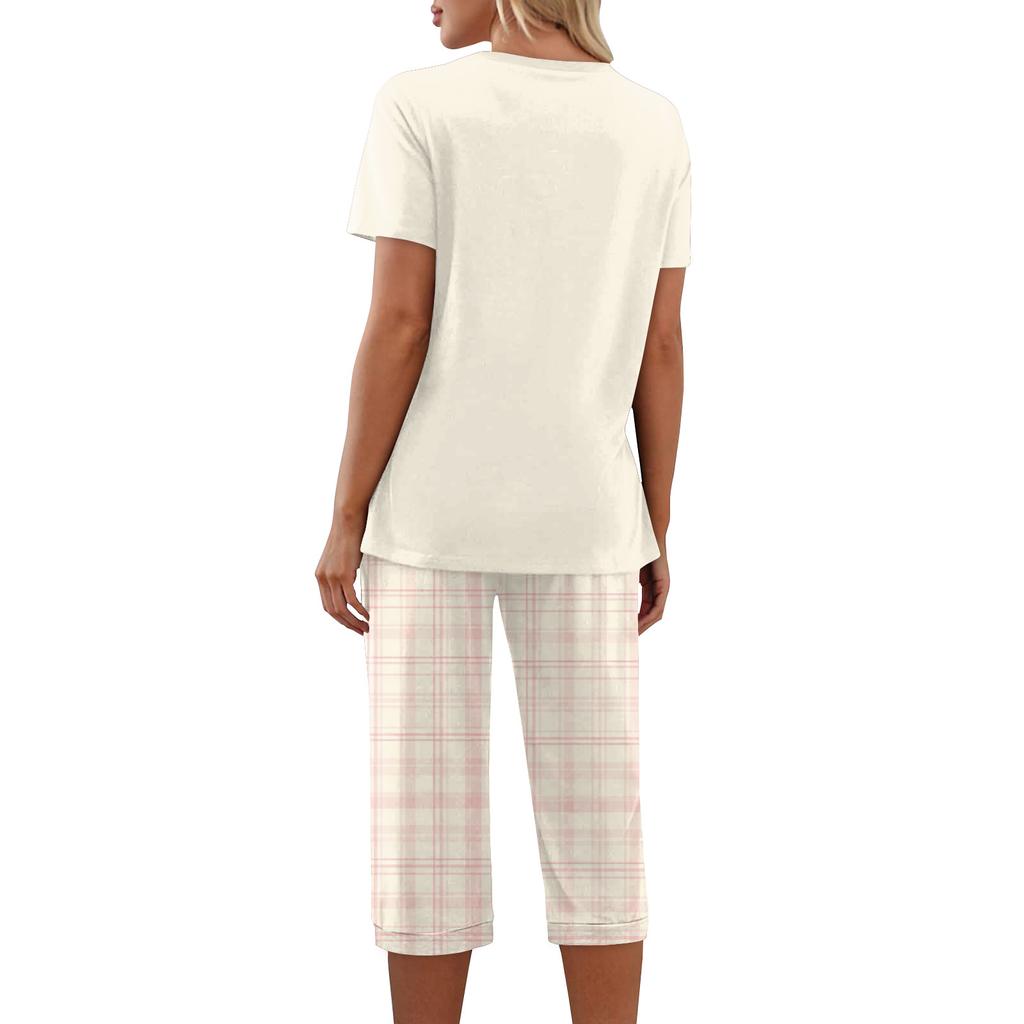 Women's Printed Two Piece Short Sleeve Pajama Set with Pants for Casual Sleepwear