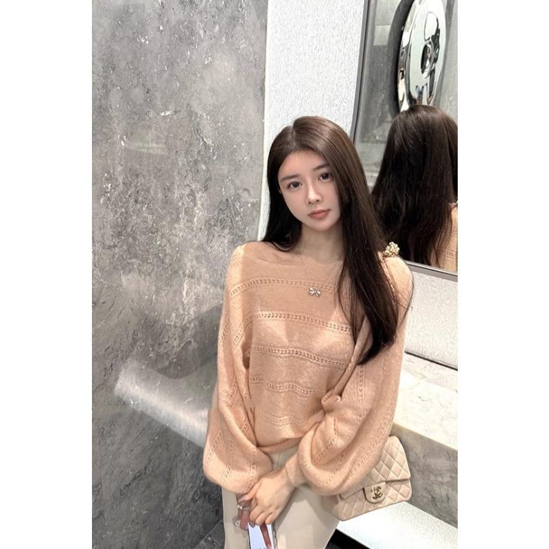 New Fashion Crew Neck Loose Hollow Out Sweater Autumn New Lantern Sleeve Knitted Office Casual Knitwear Top Thin Simple Clothing