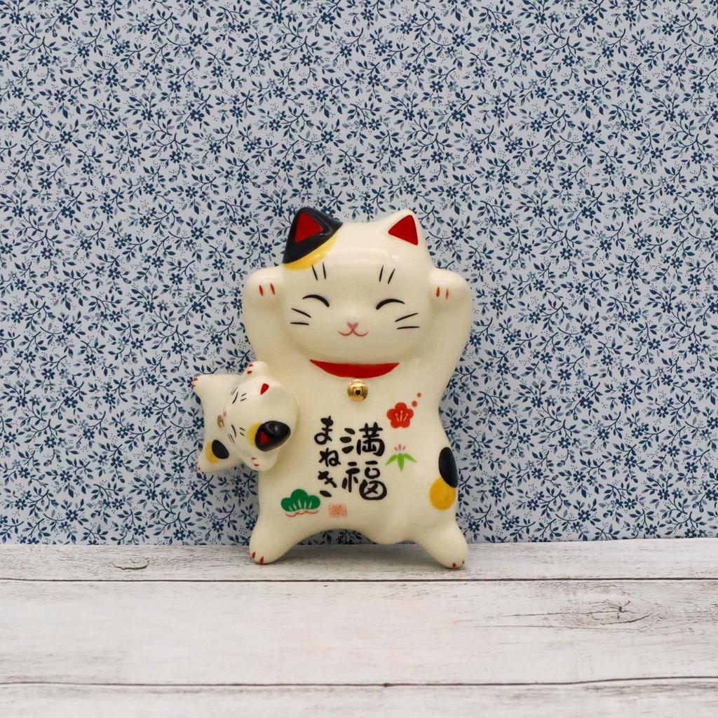 Yakushi Kiln Maneki-neko (parent and Child) Manpuku (with Good Luck Sticker)