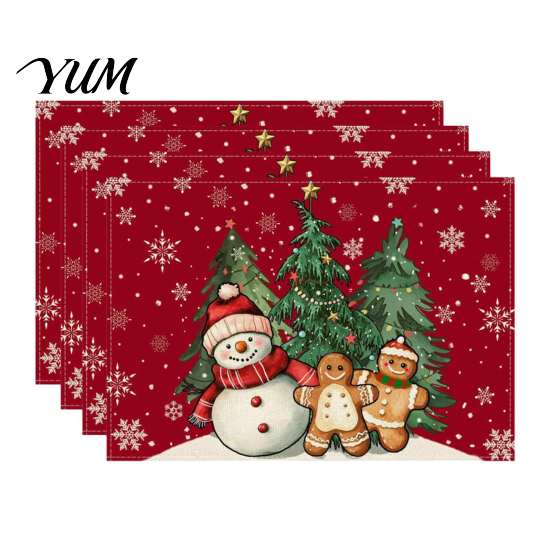 Holiday Party Supplies 4Pcs Christmas Linen Placemat Set, Cartoon Snowman Gingerbread Gnome Table Heat Insulation Pads Mat, Resistant Place