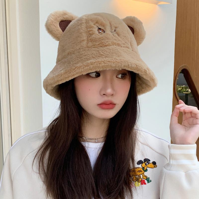 Ok Ear Bear Letter Embroidery Plush Fisherman Hat Bucket Cap Protection Sun