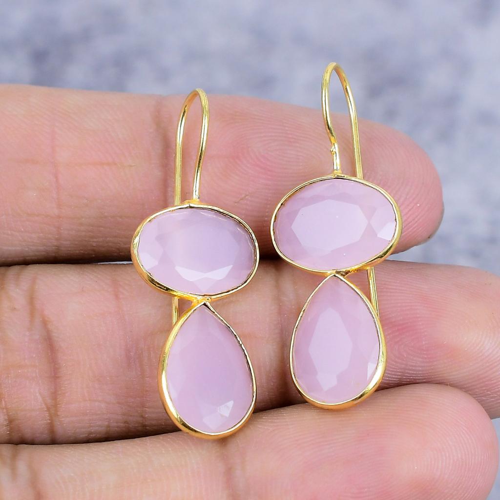 Pink Chalcedony Gemstone Handmade 925 Sterling Silver Jewelry Earring 1.46" M-2637
