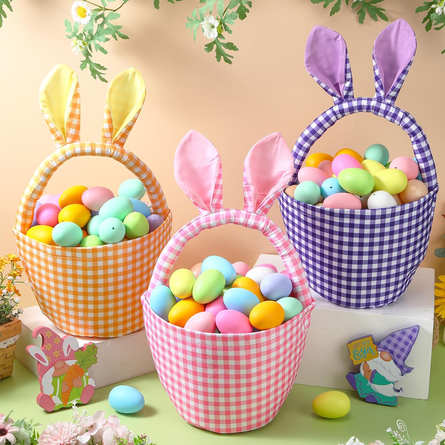 

3Pcs Easter Bunny Basket Set with Rabbit Ears, Yellow, Purple, Pink; Canvas; Modern; Ideal Easter Gift for Kids festival bag