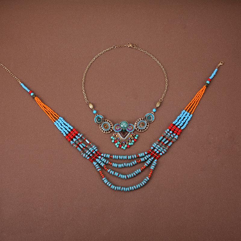 Böhmisches Retro Halsketten- & Ohrring-Set: Ethnischer Stirnschmuck im tibetischen Stil