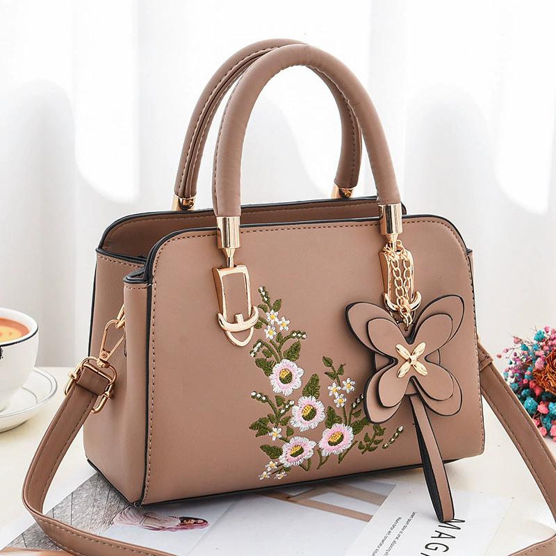 Women's Floral Embroidered PU Leather Handbag, Structured Top Handle Satchel with Flower Charm, Adjustable Strap Crossbody Shoulder Bag