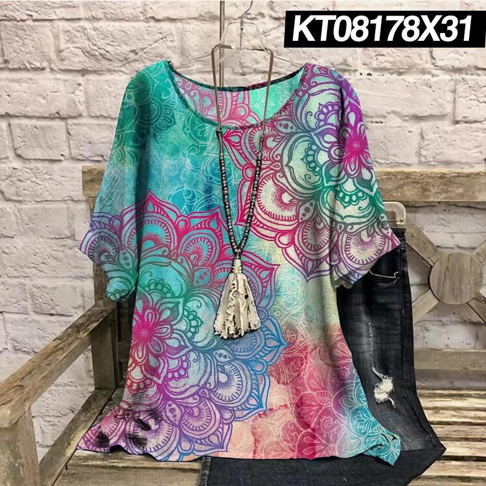 Plus Size Retro Color Blocked 3D Printed Summer Casual Round Neck Short Sleeved Loose Slimming Loose T-shirt
