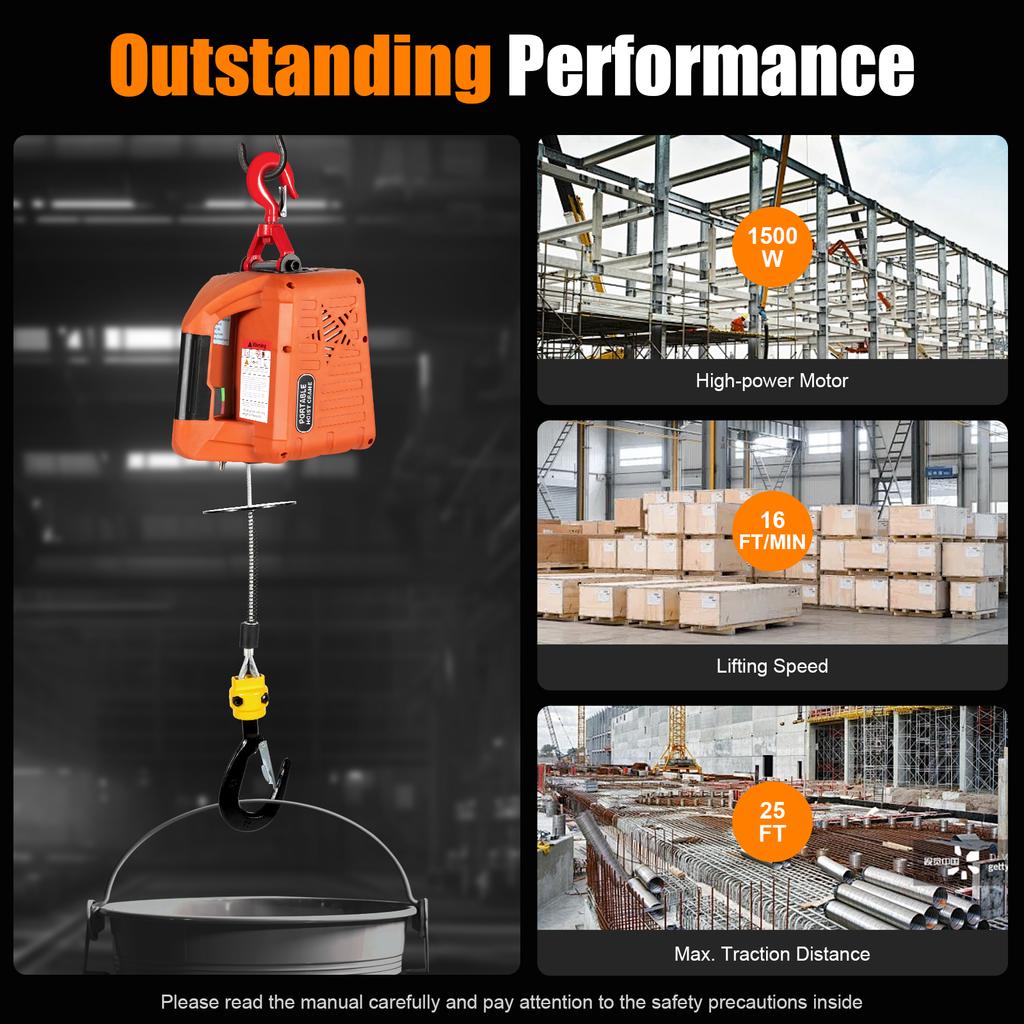 Troliu Electric 1500W 1100LBS, Control 2-în-1 Telecomandă+Manual, Ridicare 16FT/MIN pentru Ridicare Construcții Depozit Garaj
