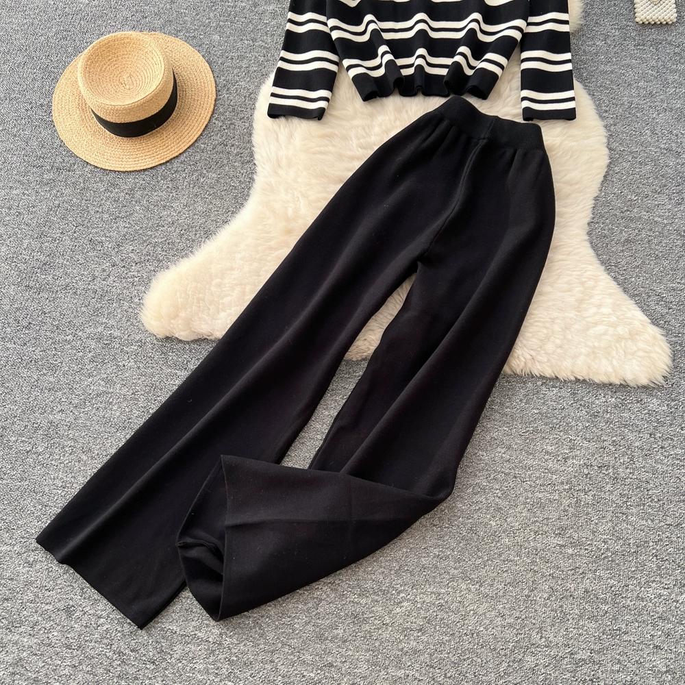 Autumn Winter Women Casual Striped Knitted Sweater Trouser Two Piece Set Full Sleeve Pullover Tops and Wide Leg Pant Tracksuit