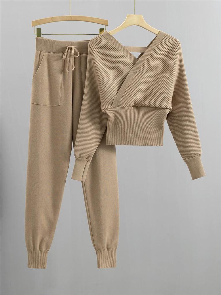 Korean Petite V-Neck Off-Shoulder Knit Two-Piece Set for Women - Autumn/Winter