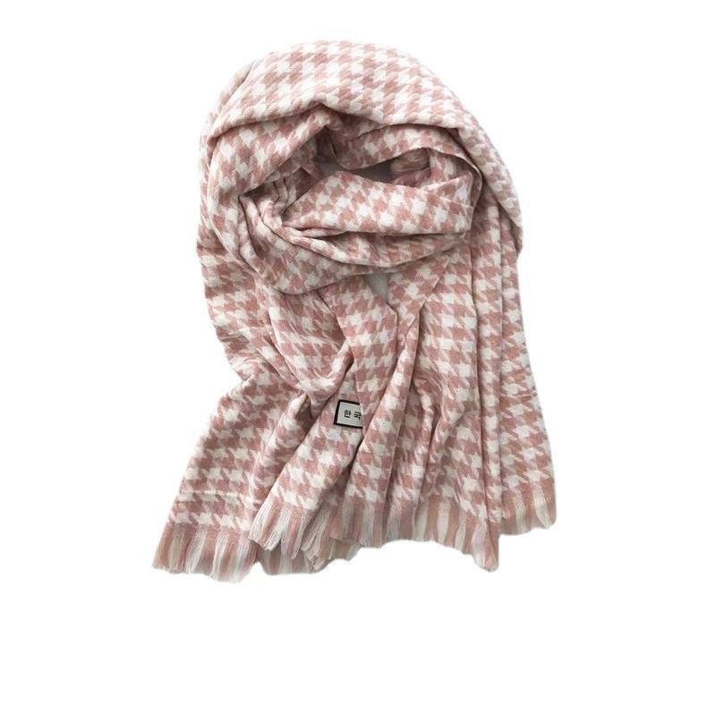 Versatile Houndstooth Check Cashmere Scarf Winter New Cute Girl Student Scarf Couple Korean Version Pink