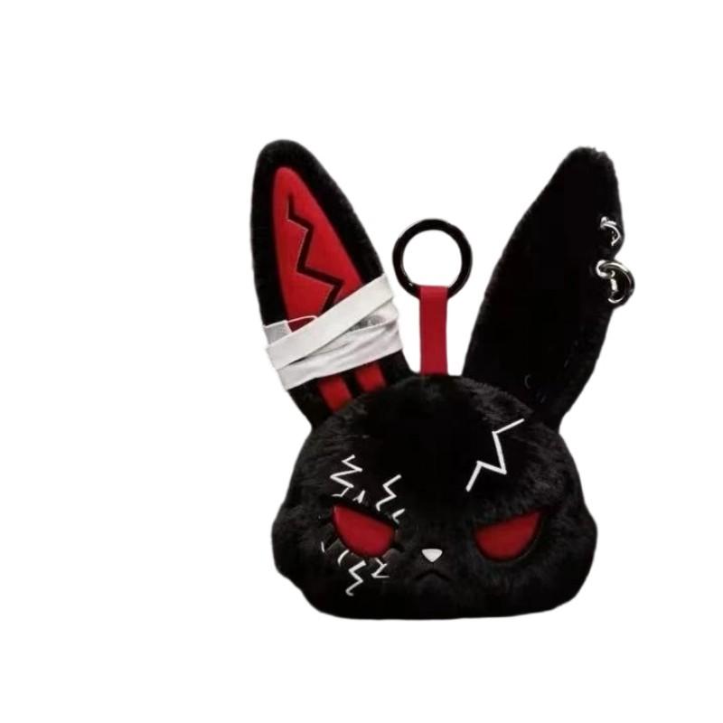 Gothic Bunny Plush Keychain Charm with Bandage Kawaii Key Ring Pendant Car Bag Ornament Halloween Gift Prank Toys