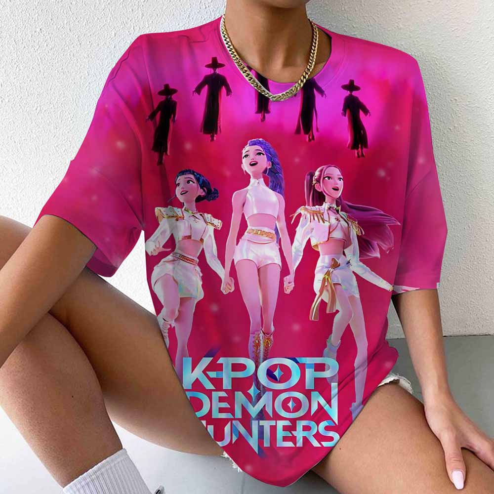 Cute Hot KPop Demon Hunters Print T-shirt Summer Casual Loose T Shirt Women Men Harajuku Shirts