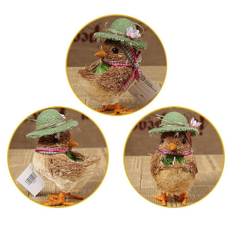 24TE Handmade Straw Small Duck Chick Figurine with Bowknot Weaving Animal Statue Ornament Easter Home Garden Wedding Party