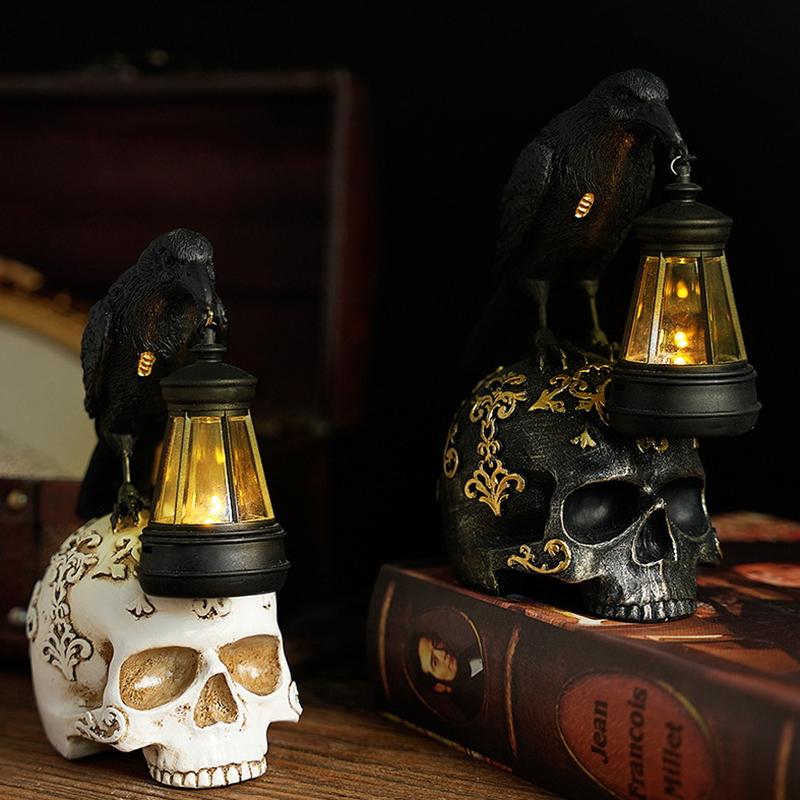 Halloween Crow Skull Night Light Table Lamp Halloween Decorative Skull Lamp Gothic Decorative Night Light Resin Craftsmanship