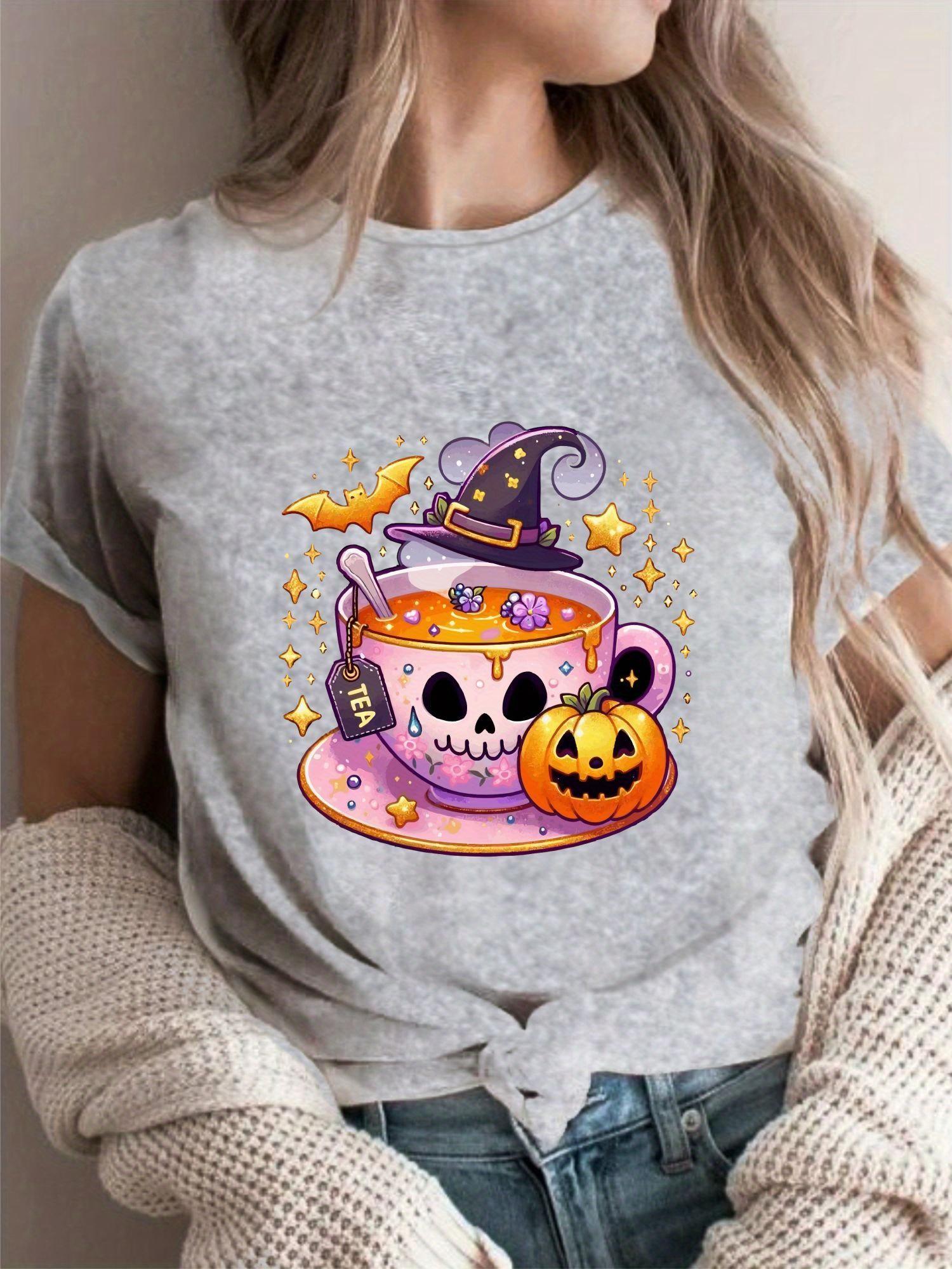 Skull Witch Hat Tea Cup Pumpkin Halloween T-shirt XXXXL