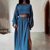 2024 Casual High Waist Linen-Cotton Two-Piece Suit with Slit Cropped Top