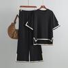 Women's Temperament Color Collision Open Short-sleeved Knit Shirt High-waisted Slim Wide-legged Pants Two-piece Set