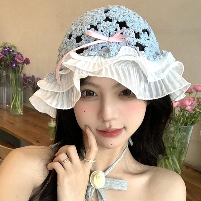 Summer Spring Crochet Bucket Hat Woman Commutes Camping Taking Photo Fisherman Hat with Pleated Trim for Girlfriend