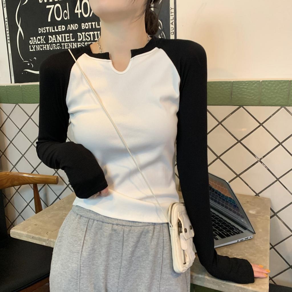 Designed Contrasting Color Half-open Collar Slim Fit Long-sleeved T-shirt Women's Early Autumn New Versatile Student Tops