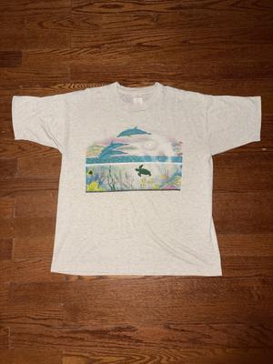 Vintage 90s Ocean Sea Animal Art T Shirt Mens XL Gray Nature Short Sleeve Beach Unisex T-Shirt