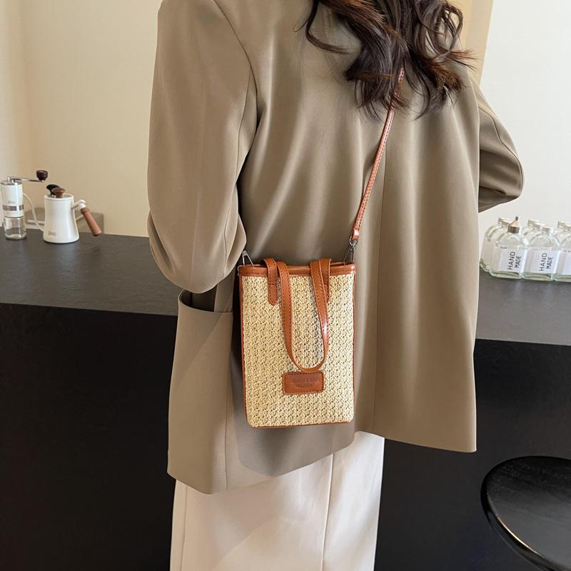 Striped Hand Carry Contrasting Color Crossbody Woven Small Bag Women's New Trendy and Versatile Single Shoulder Bucket Mobile Phone Bag
