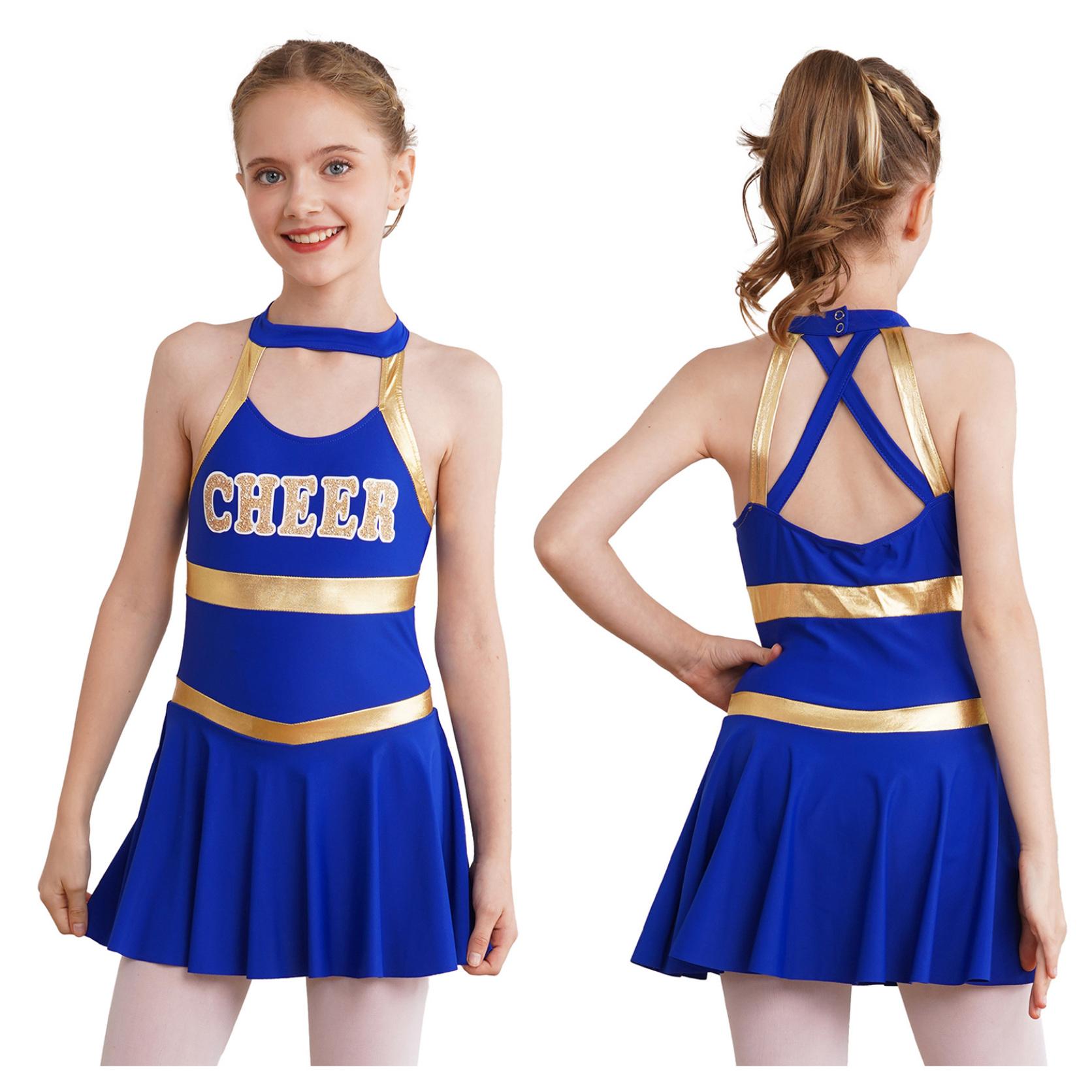 TiaoBug Meisjes Cheerleading Jurk - Halterjurk Met Cheer Letters, Dansjurk Voor Sport, School En Groepsoptredens, Blauw 134-140