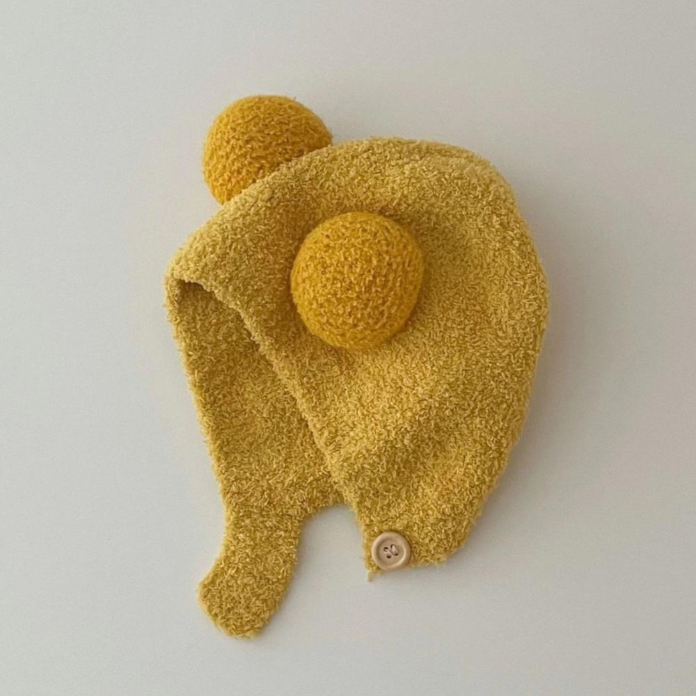Children Acrylic Hat Kids Warm Hat Kids Winter Hat with Bear Ear Design Button Closure Elastic Band Solid Color Winter Cap