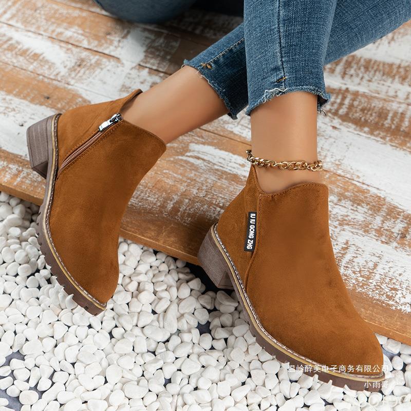 Fashion Short tube mid heel retro short boots for women thick heel flat bottom side zipper simple comfortable daily women's shoes