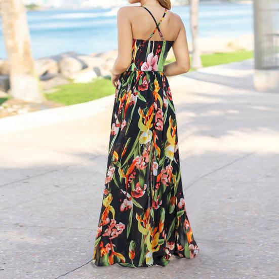 Women Dress Colorful Breathable Flower Printed Adjustable Straps Beach Dress for Party