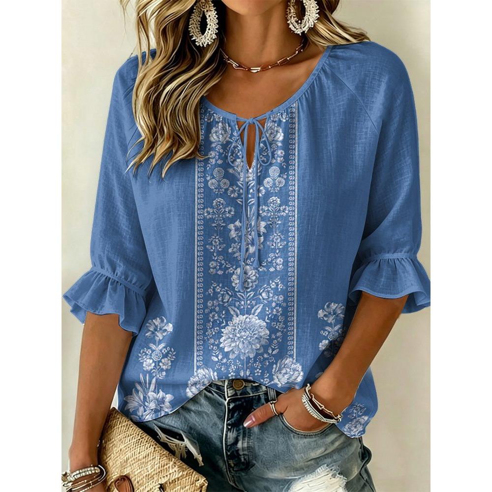 Women's Purple Embroidered Paisley Print Tie Neck Blouse, Casual Loose Tops for Spring Summer Daily Wear & Vacation Occasions