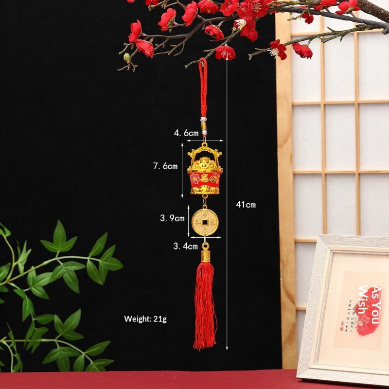 Lunar New Year Lucky Hanging Ornament with Red Tassel Golden Charm Festive Portable Decor for Travel Hotel Room Spring Festival