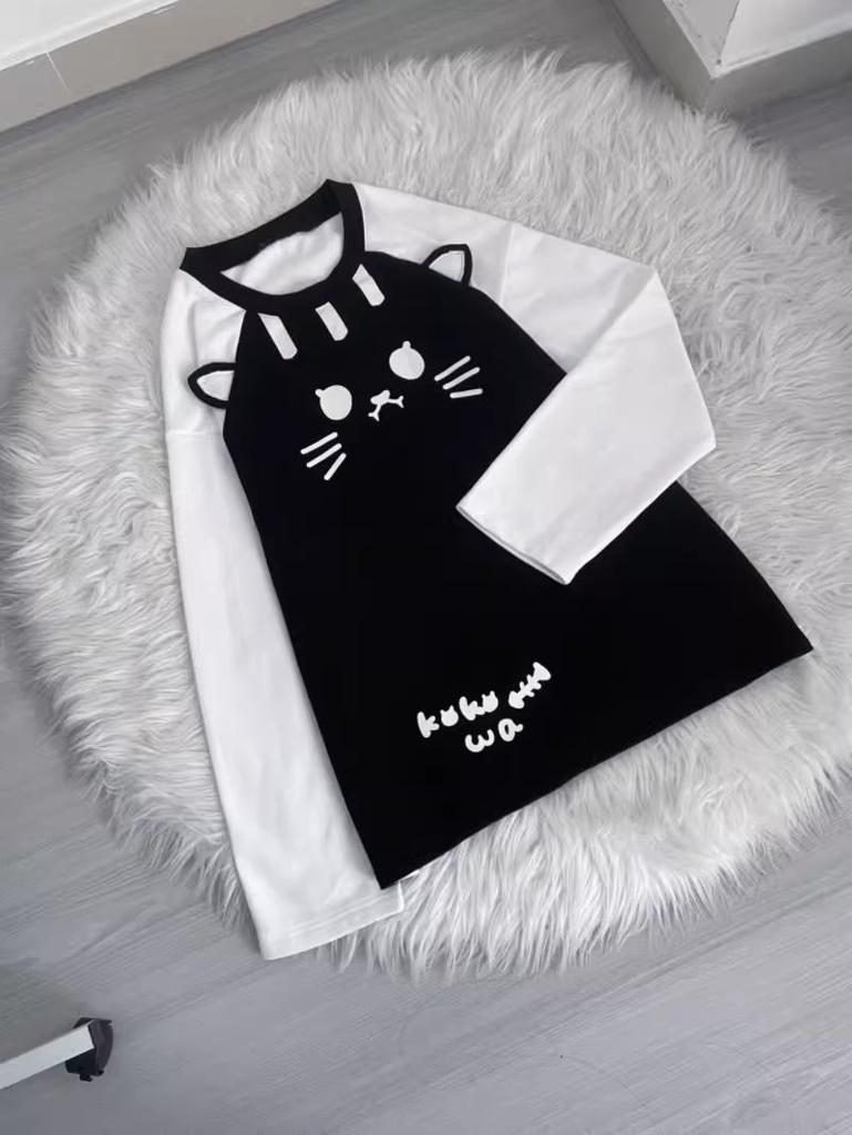 TrendHub Spring Subculture Sweet Cute Long Shirts Print Long-sleeved Loose T-shirt Woman Y2k Black White Kawaii 2000s Blouse