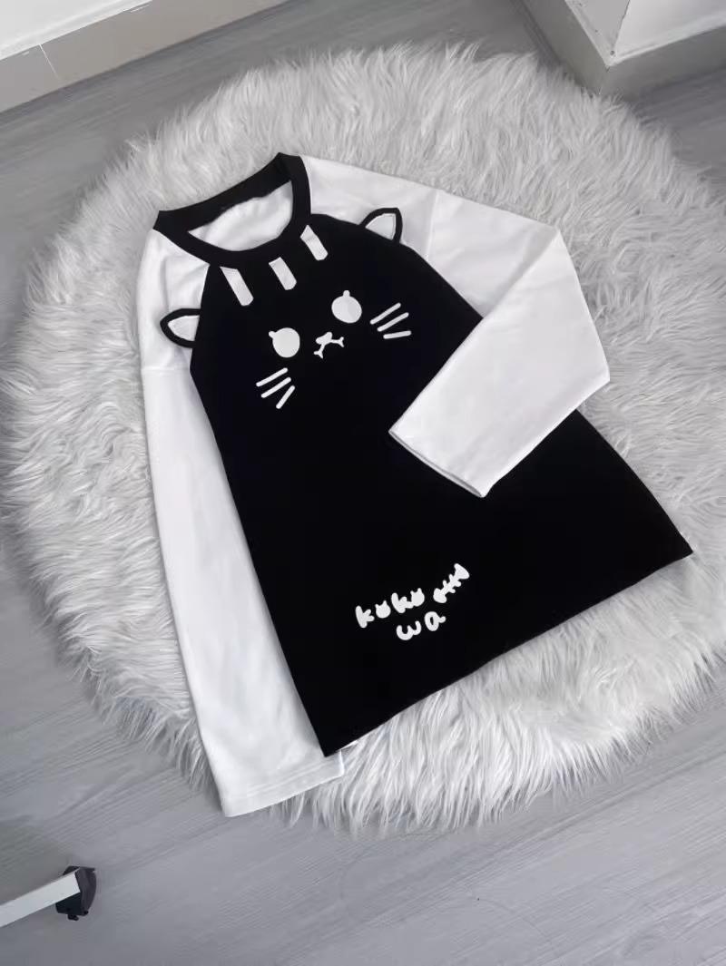 

TrendHub Spring Subculture Sweet Cute Long Shirts Print Long-sleeved Loose T-shirt Woman Y2k Black White Kawaii 2000s Blouse L чорний