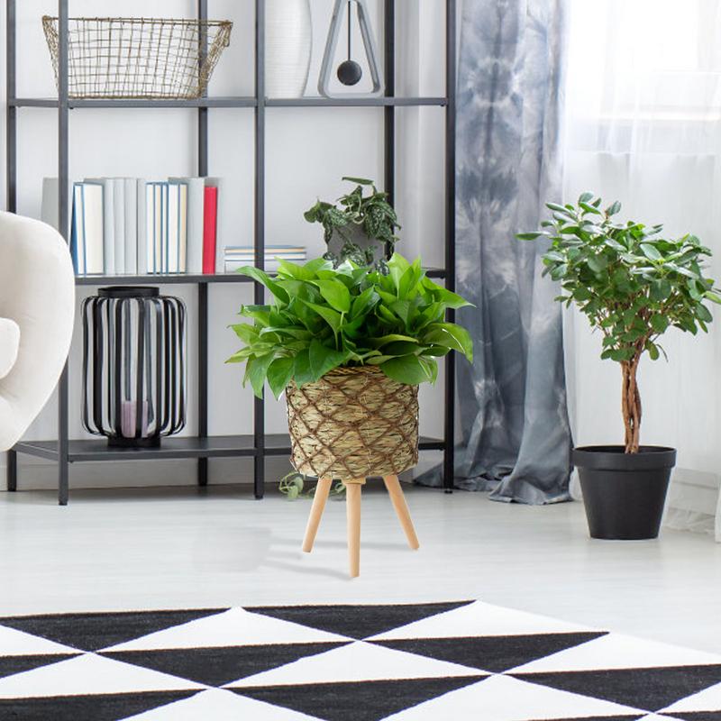 Woven Plant Stand With Legs Elevated Plant Stand With Plant Basket Wooden Round Table Handmade Plant Pot Holder For Flower Pots