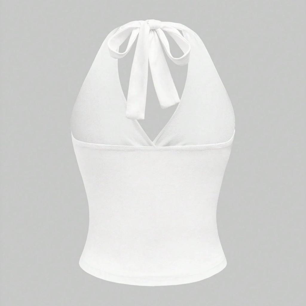 Women’s Halter Neck Backless V Neck Sleeveless Tank Top with Ruched Detailing and Fitted Waist for Casual and Daily Wear