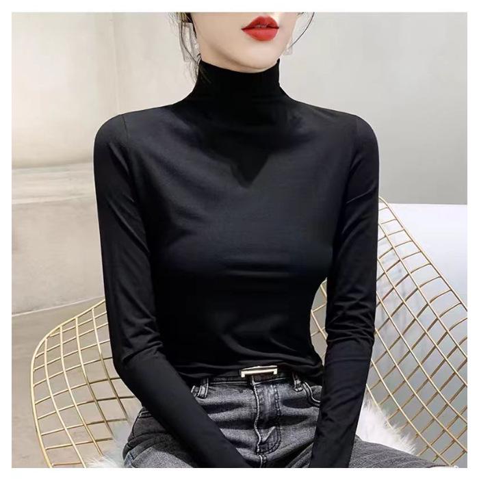Women's Thickened Slim Fit Long Sleeve T-Shirt with Double-Sided Plush, Mid-High Neck, Brushed Base Layer Top for Autumn/Winter Warmth