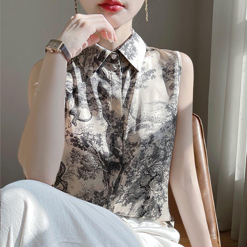 Ersatile New Classic Popularity Printed Silk Shirt for Women's Summer New Long Sleeved Sleeveless Elegant Temperament Top