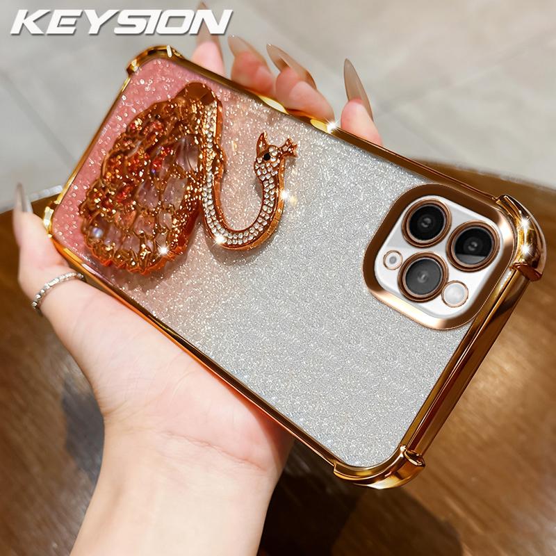 KEYSION Shockproof Plating Phone Case for iPhone 11 12 Pro Max Clear TPU Glitter Jewelled Swan kickstand Back Cover for iPhone 11
