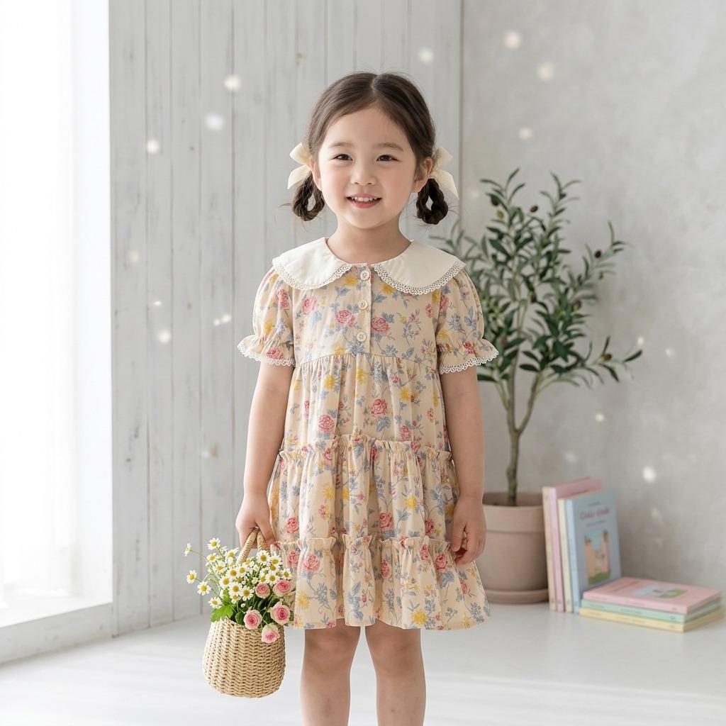 Girls' Summer Dress With New Floral Print And Doll Collar Stylish Dress For Young Girls